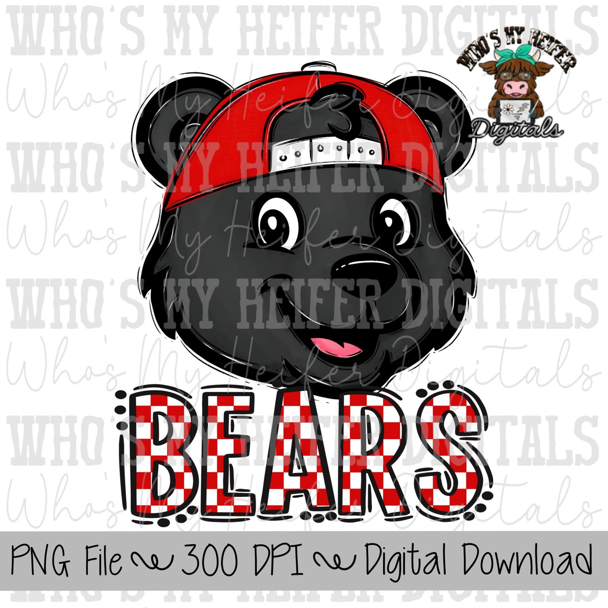 Red & White Bears PNG Hand Drawn Bear with Hat Sublimation PNG Game Day Shirt Designs School Spirit PNG Checkered Bear Digital Download