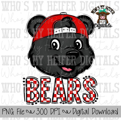Red & White Bears PNG Hand Drawn Bear with Hat Sublimation PNG Game Day Shirt Designs School Spirit PNG Checkered Bear Digital Download