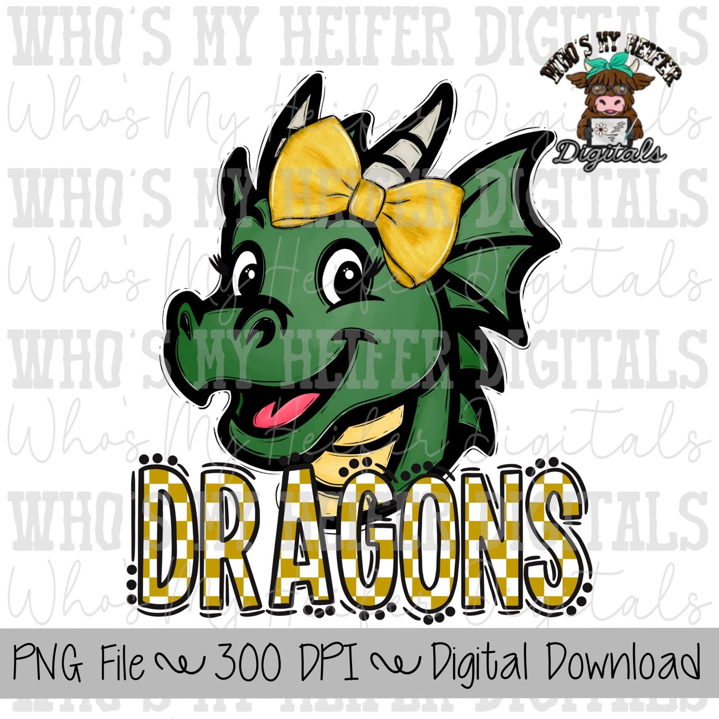 Gold & White Dragons PNG Hand Drawn Dragon with Bow Sublimation PNG Game Day Shirt Designs School Spirit PNG Checkered Dragon Doodle Art