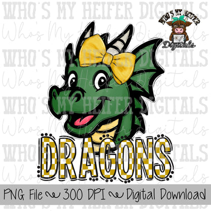 Gold & White Dragons PNG Hand Drawn Dragon with Bow Sublimation PNG Game Day Shirt Designs School Spirit PNG Checkered Dragon Doodle Art
