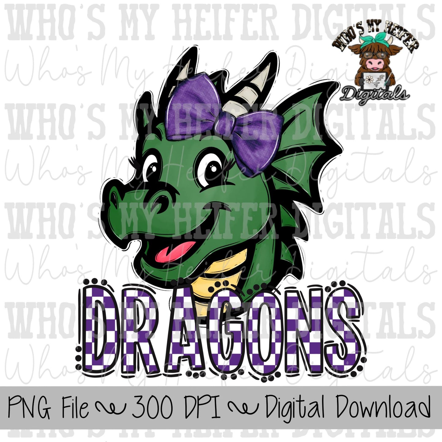 Purple & White Dragons PNG Hand Drawn Dragon with Bow Sublimation PNG Game Day Shirt Designs School Spirit PNG Checkered Dragon Doodle Art
