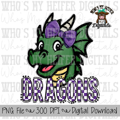Purple & White Dragons PNG Hand Drawn Dragon with Bow Sublimation PNG Game Day Shirt Designs School Spirit PNG Checkered Dragon Doodle Art