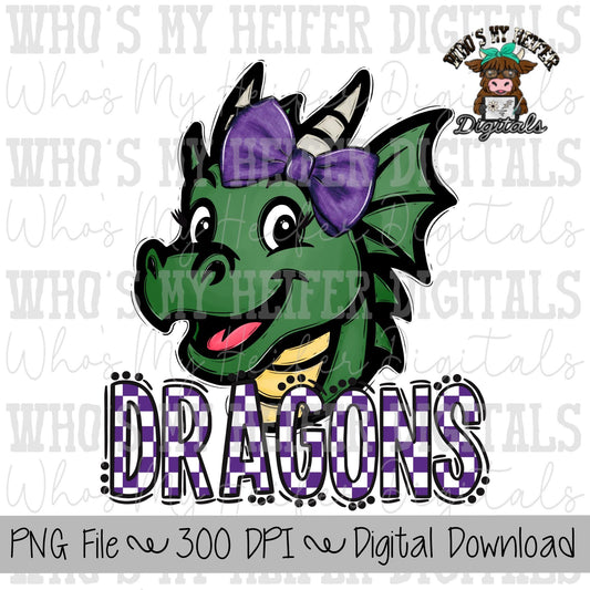 Purple & White Dragons PNG Hand Drawn Dragon with Bow Sublimation PNG Game Day Shirt Designs School Spirit PNG Checkered Dragon Doodle Art
