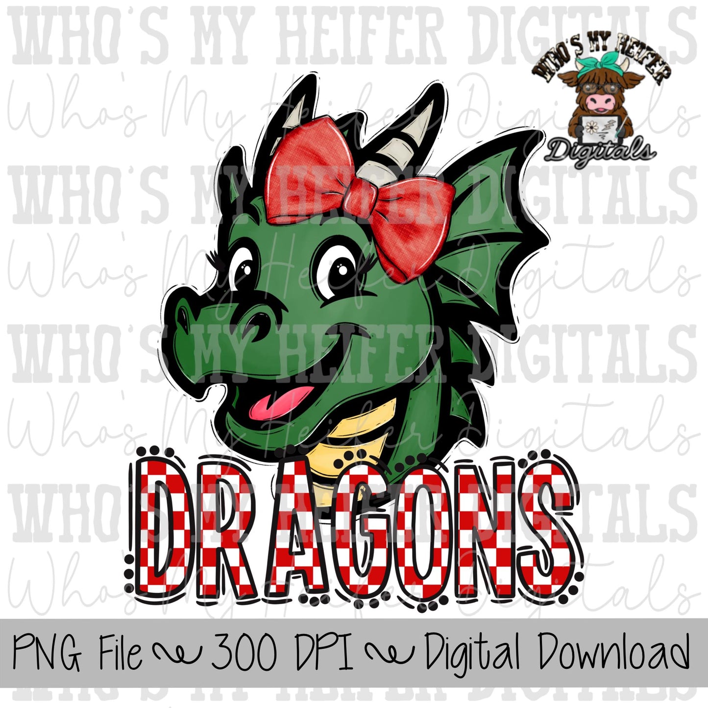 Red & White Dragons PNG Hand Drawn Dragon with Bow Sublimation PNG Game Day Shirt Designs School Spirit PNG Checkered Dragon Doodle Art
