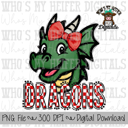 Red & White Dragons PNG Hand Drawn Dragon with Bow Sublimation PNG Game Day Shirt Designs School Spirit PNG Checkered Dragon Doodle Art
