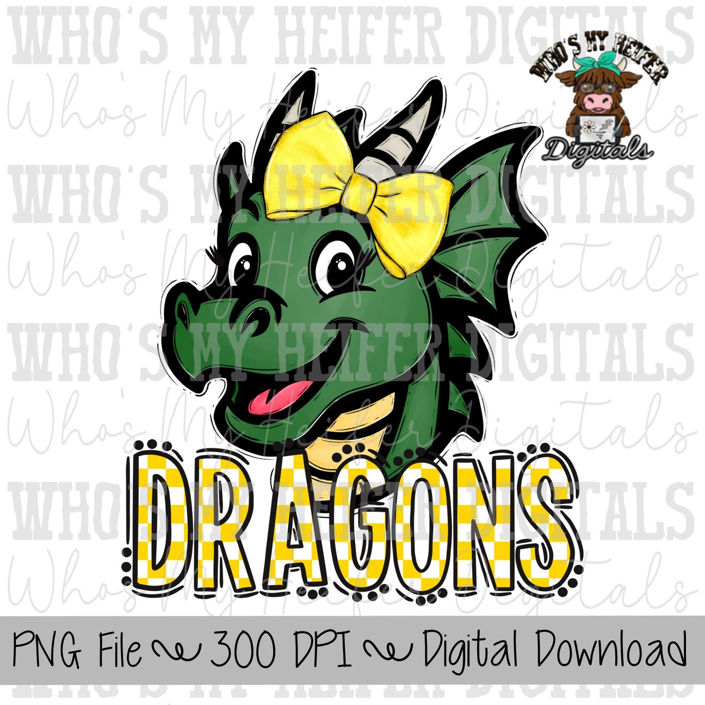 Yellow & White Dragons PNG Hand Drawn Dragon with Bow Sublimation PNG Game Day Shirt Designs School Spirit PNG Checkered Dragon Doodle Art