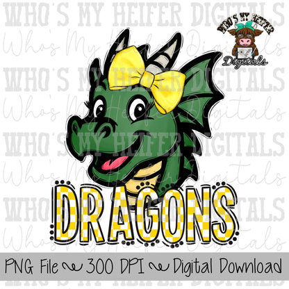 Yellow & White Dragons PNG Hand Drawn Dragon with Bow Sublimation PNG Game Day Shirt Designs School Spirit PNG Checkered Dragon Doodle Art
