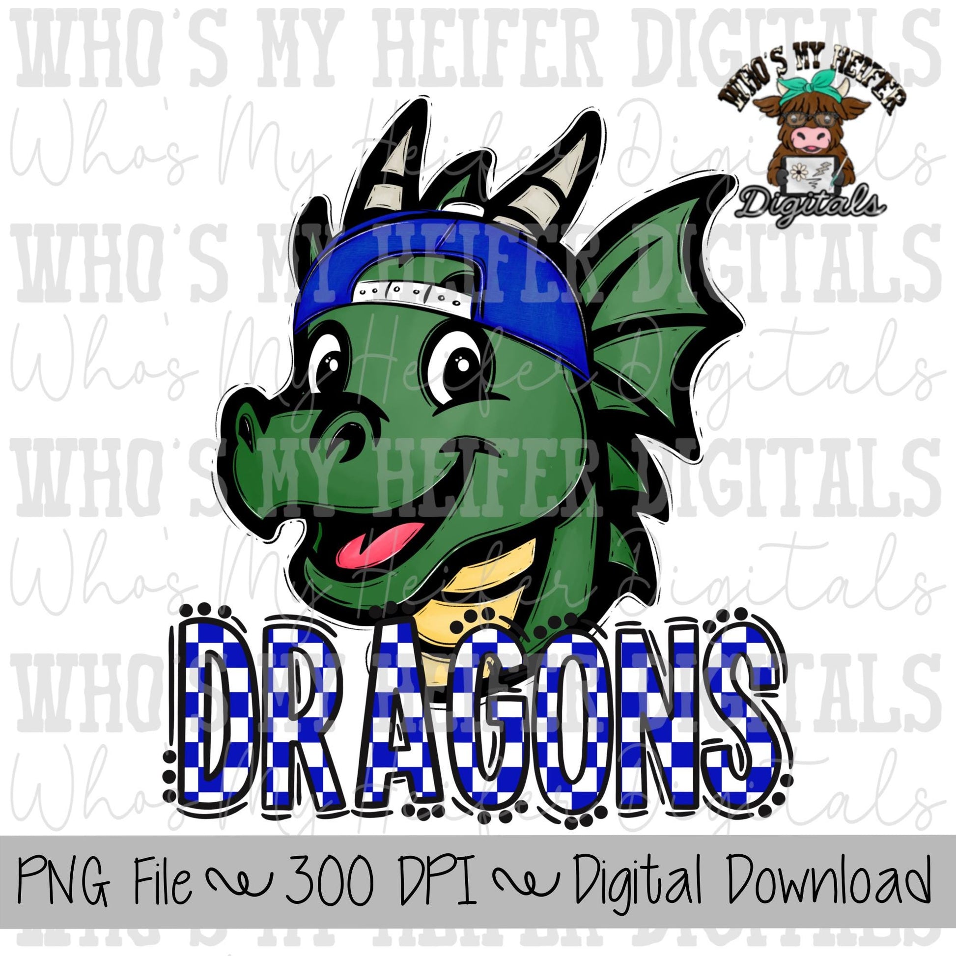 Blue & White Dragons PNG Hand Drawn Dragon with Hat Sublimation PNG Game Day Shirt Designs School Spirit PNG Checkered Dragon Doodle Art