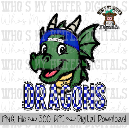 Blue & White Dragons PNG Hand Drawn Dragon with Hat Sublimation PNG Game Day Shirt Designs School Spirit PNG Checkered Dragon Doodle Art