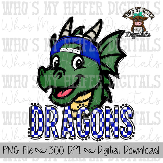 Blue & White Dragons PNG Hand Drawn Dragon with Hat Sublimation PNG Game Day Shirt Designs School Spirit PNG Checkered Dragon Doodle Art