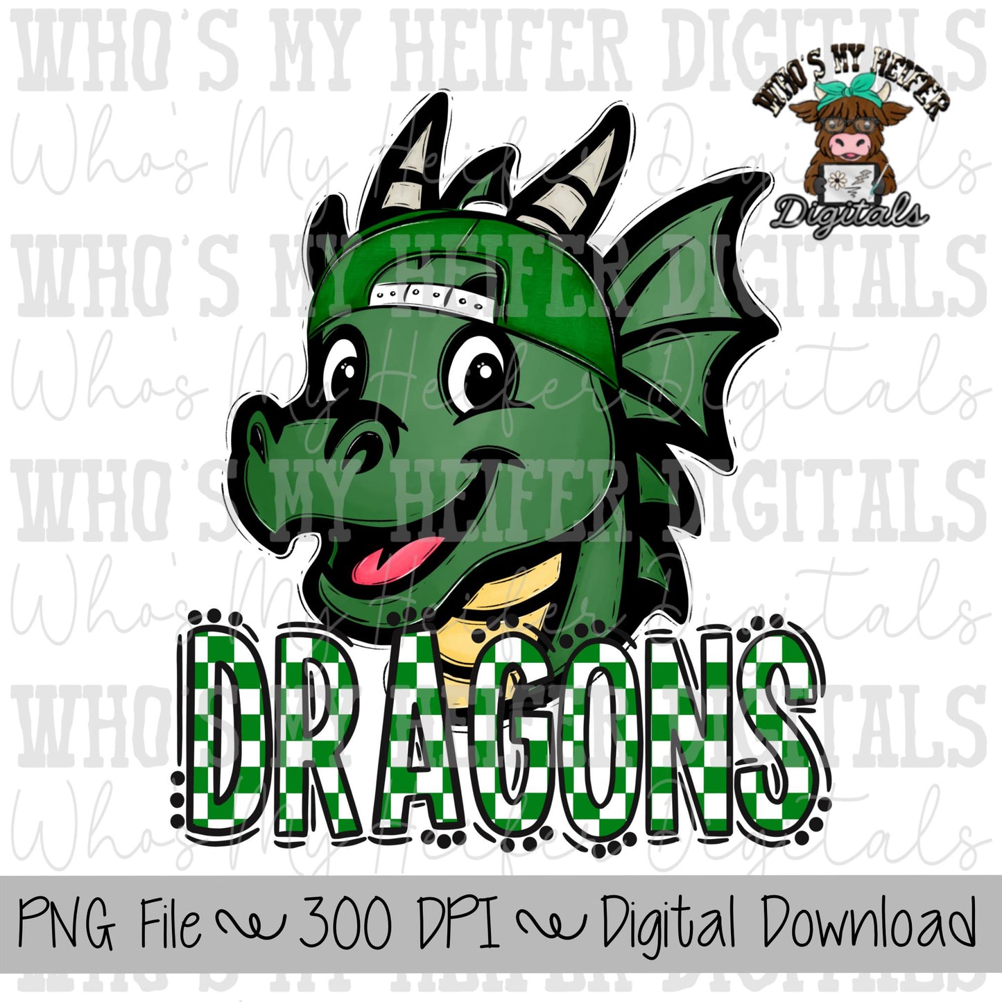 Green & White Dragons PNG Hand Drawn Dragon with Hat Sublimation PNG Game Day Shirt Designs School Spirit PNG Checkered Dragon Doodle Art