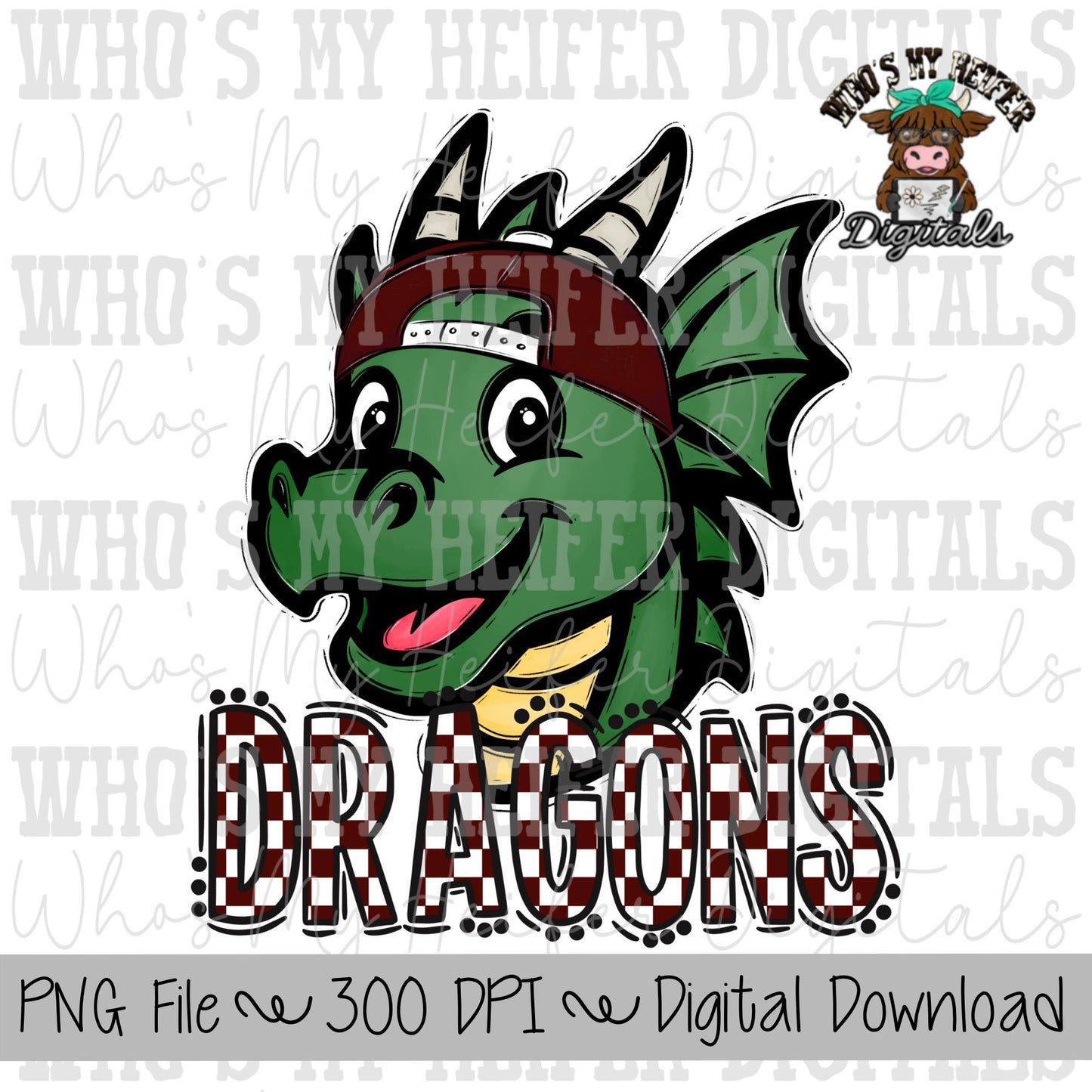 Maroon & White Dragons PNG Hand Drawn Dragon with Hat Sublimation PNG Game Day Shirt Designs School Spirit PNG Checkered Dragon Doodle Art