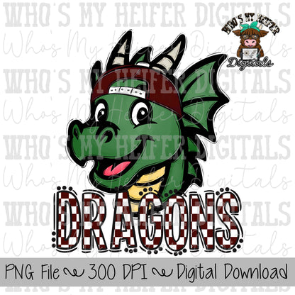 Maroon & White Dragons PNG Hand Drawn Dragon with Hat Sublimation PNG Game Day Shirt Designs School Spirit PNG Checkered Dragon Doodle Art