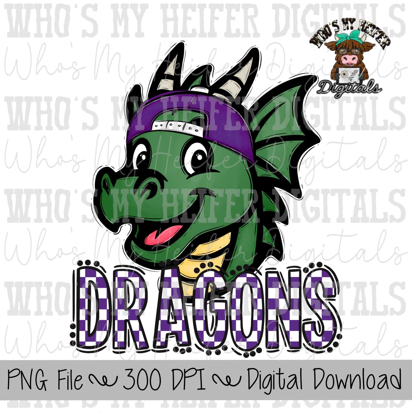 Purple & White Dragons PNG Hand Drawn Dragon with Hat Sublimation PNG Game Day Shirt Designs School Spirit PNG Checkered Dragon Doodle Art