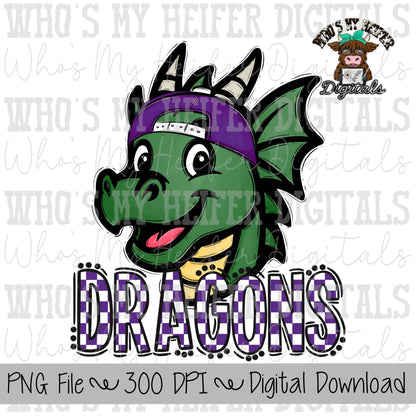 Purple & White Dragons PNG Hand Drawn Dragon with Hat Sublimation PNG Game Day Shirt Designs School Spirit PNG Checkered Dragon Doodle Art