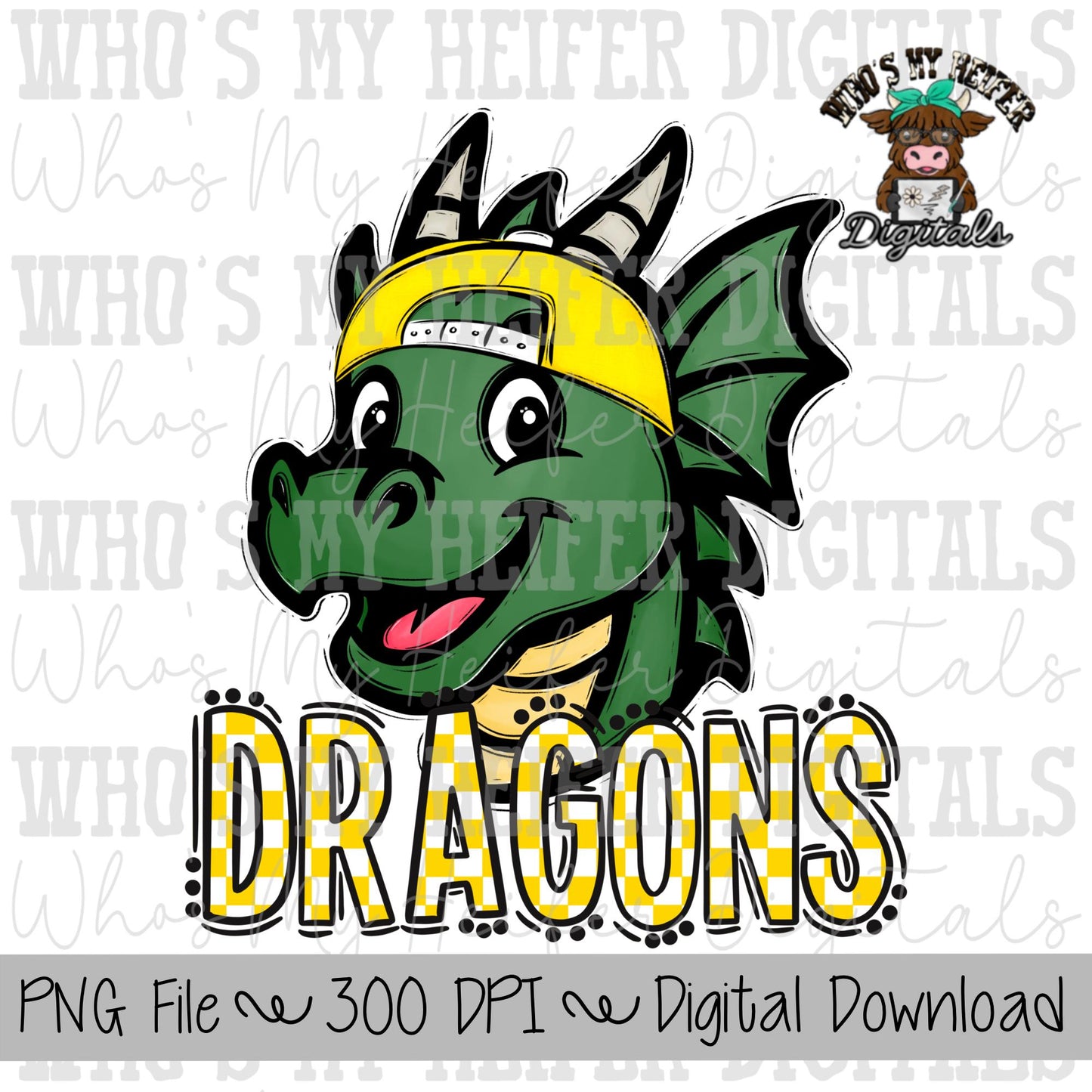 Yellow & White Dragons PNG Hand Drawn Dragon with Hat Sublimation PNG Game Day Shirt Designs School Spirit PNG Checkered Dragon Doodle Art