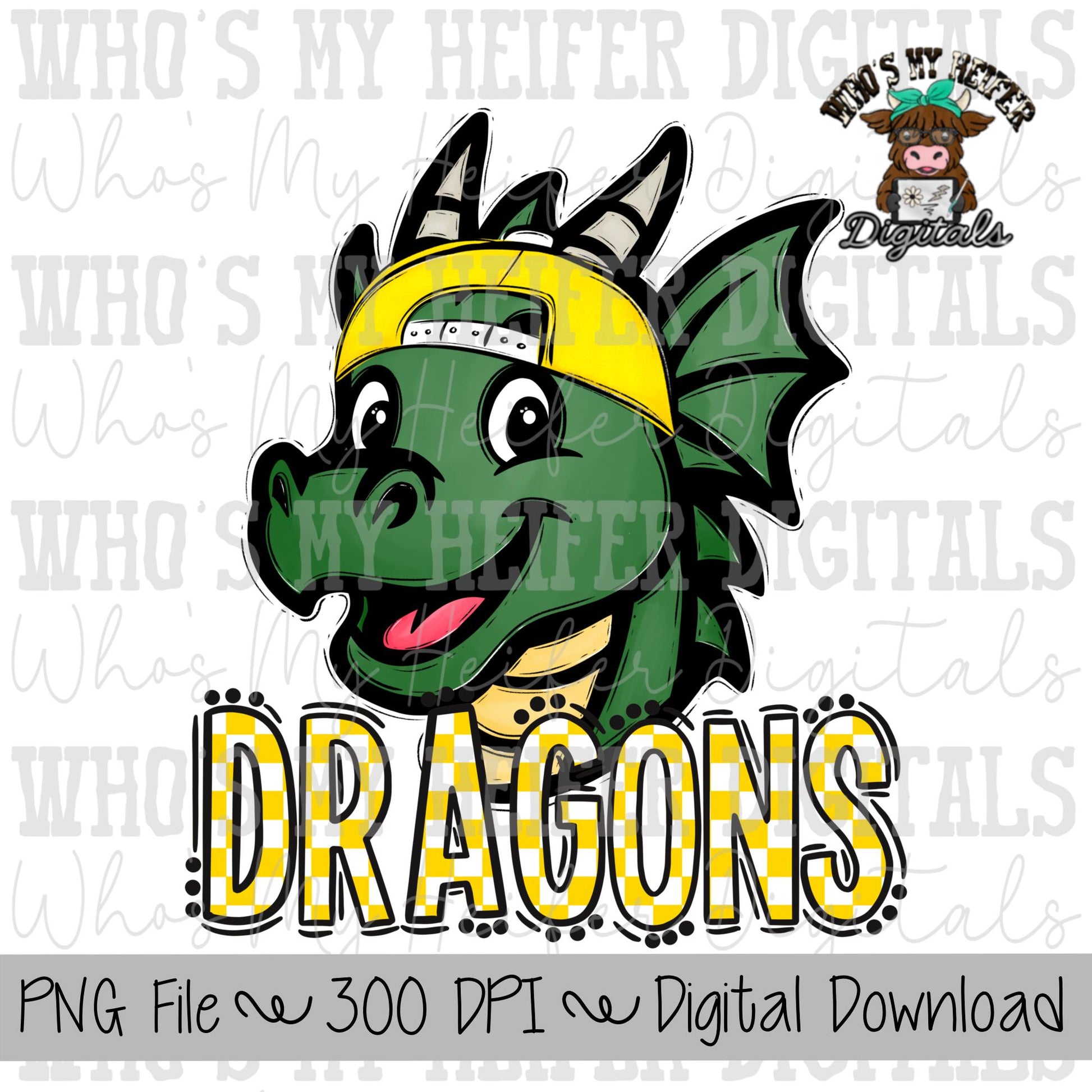 Yellow & White Dragons PNG Hand Drawn Dragon with Hat Sublimation PNG Game Day Shirt Designs School Spirit PNG Checkered Dragon Doodle Art