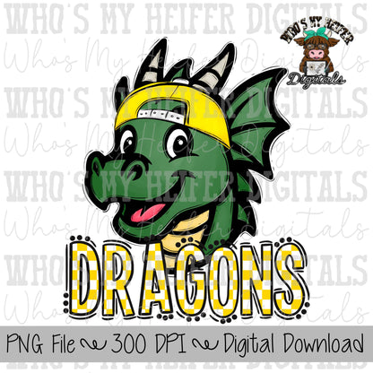 Yellow & White Dragons PNG Hand Drawn Dragon with Hat Sublimation PNG Game Day Shirt Designs School Spirit PNG Checkered Dragon Doodle Art