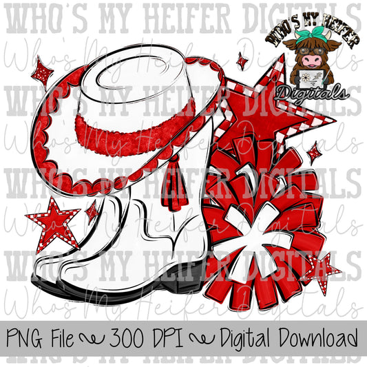 Red and White Drill Team PNG Hand Drawn Pompoms, Drill Hat, & Baton Twirler Sublimation Design Band Game Day Shirt Design Drill Team Boots