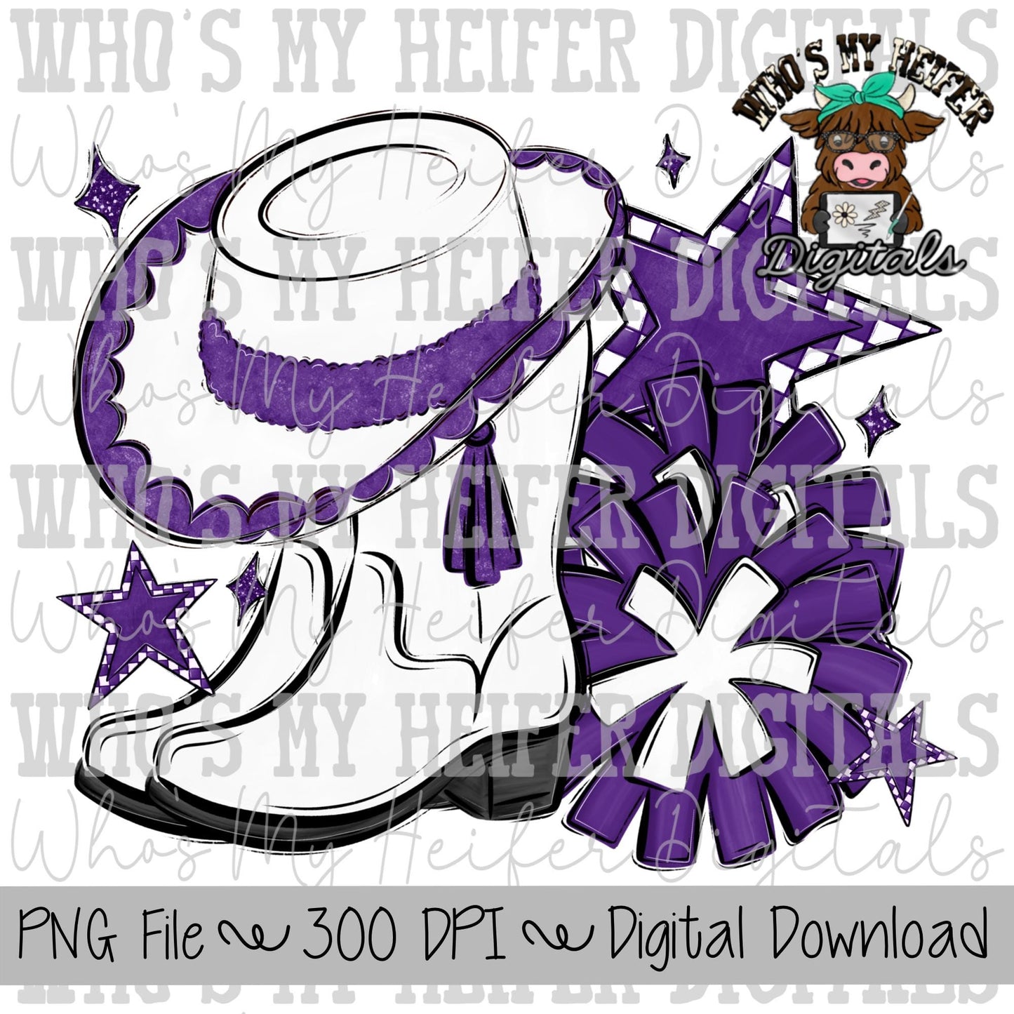 Purple and White Drill Team PNG Hand Drawn Pom Poms, & Drill Hat Sublimation Design Game Day Shirt Design Drill Team Boots Printable Art