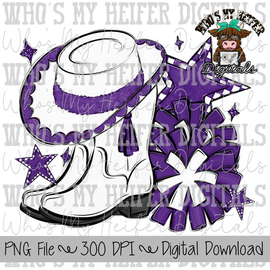 Purple and White Drill Team PNG Hand Drawn Pom Poms, & Drill Hat Sublimation Design Game Day Shirt Design Drill Team Boots Printable Art