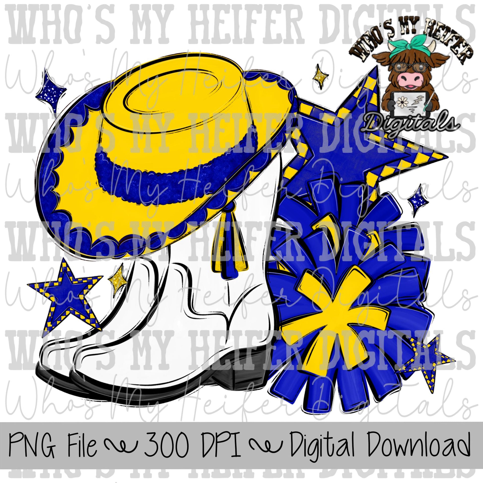 Blue and Yellow Drill Team PNG Hand Drawn Pom Poms & Drill Hat Sublimation Design Girl Game Day Shirt Design Drill Team Boots Printable Art