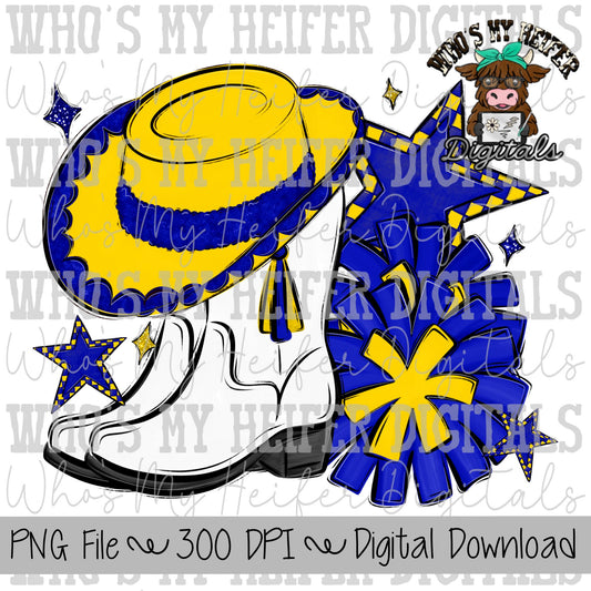 Blue and Yellow Drill Team PNG Hand Drawn Pom Poms & Drill Hat Sublimation Design Girl Game Day Shirt Design Drill Team Boots Printable Art