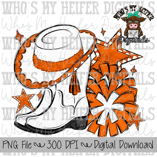Orange and White Drill Team PNG Hand Drawn Pom Poms & Drill Hat Sublimation Design Band Game Day Shirt Design Drill Team Boot Printable Art