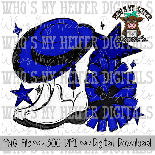 Blue and Black Drill Team PNG Hand Drawn Pom Poms & Drill Hat Sublimation Design Girl Game Day Shirt Design Drill Team Boots Printable Art