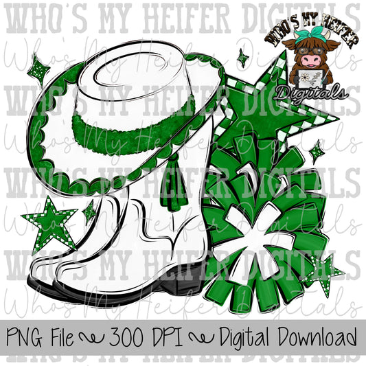 Green and White Drill Team PNG Hand Drawn Pom Poms & Drill Hat Sublimation Design Band Game Day Shirt Design Drill Team Boots Printable Art