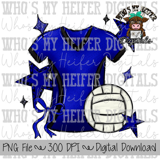 Blue and Black Volleyball PNG Hand Drawn Volleyball, Bow, & Jersey Sublimation Design Retro Game Day Shirt Design Checkered Stars Clipart