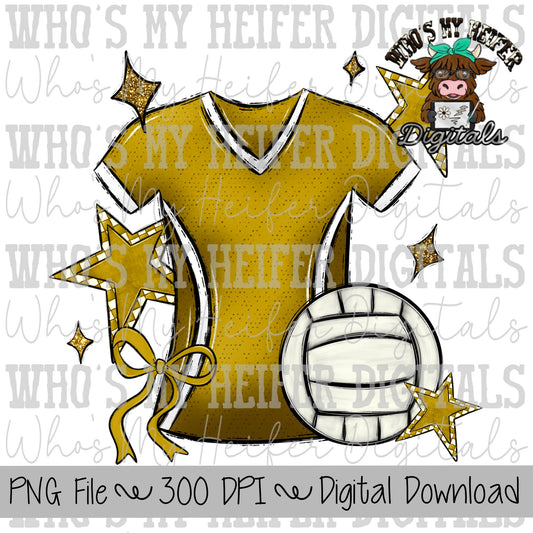 Gold and White Volleyball PNG Hand Drawn Volleyball, Bow, & Jersey Sublimation Design Retro Game Day Shirt Design Checkered Stars Clipart