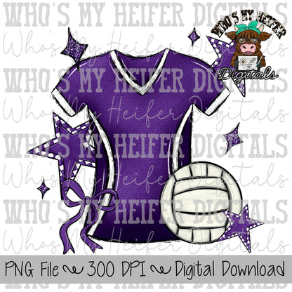 Purple and White Volleyball PNG Hand Drawn Volleyball, Bow, & Jersey Sublimation Design Retro Game Day Shirt Design Checkered Stars Clipart