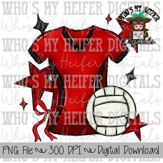 Red and Black Volleyball PNG Hand Drawn Volleyball, Bow, & Jersey Sublimation Design Retro Game Day Shirt Design Checkered Stars Clipart