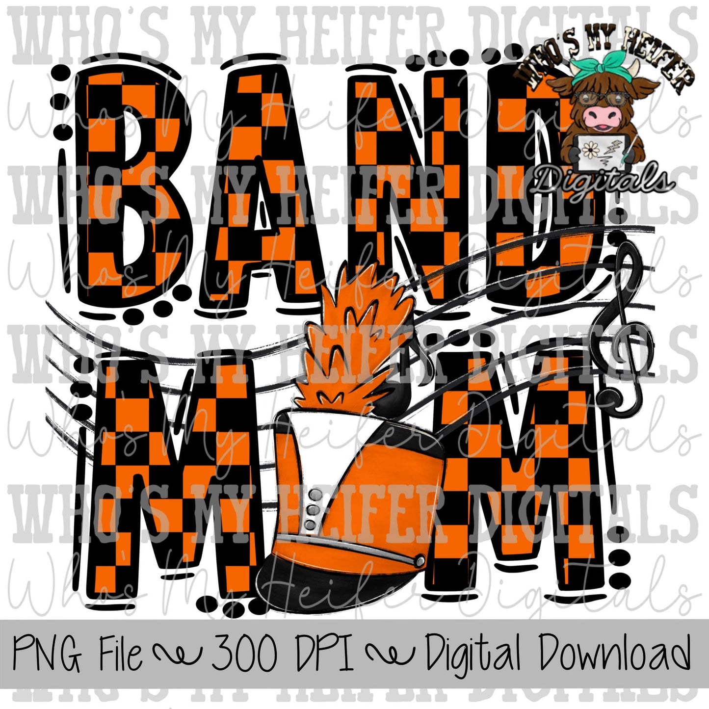 Orange & Black Band Mom PNG Hand Drawn Checkered Band Mama Sublimation Design Band Game Day Shirt Design Marching Band Mom Digital Download