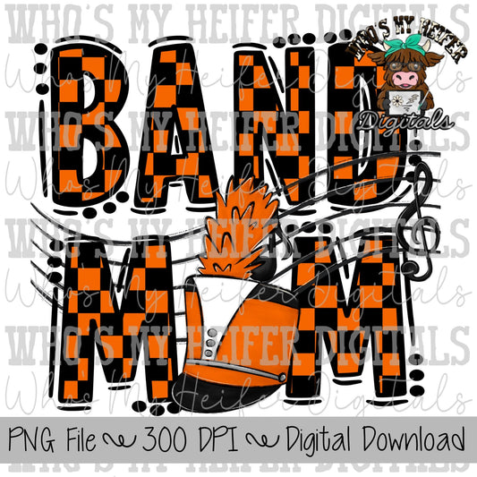 Orange & Black Band Mom PNG Hand Drawn Checkered Band Mama Sublimation Design Band Game Day Shirt Design Marching Band Mom Digital Download