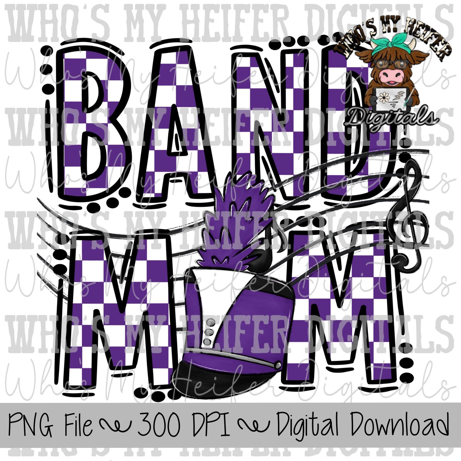 Purple & White Band Mom PNG Hand Drawn Checkered Band Mama Sublimation Design Band Game Day Shirt Design Marching Band Mom Digital Download
