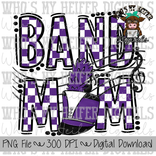 Purple & White Band Mom PNG Hand Drawn Checkered Band Mama Sublimation Design Band Game Day Shirt Design Marching Band Mom Digital Download