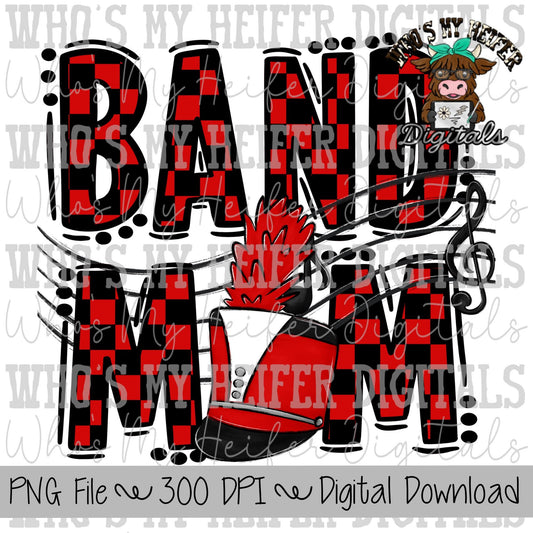 Red & Black Band Mom PNG Hand Drawn Checkered Band Mama Sublimation Design Band Game Day Shirt Design Marching Band Mom Digital Download