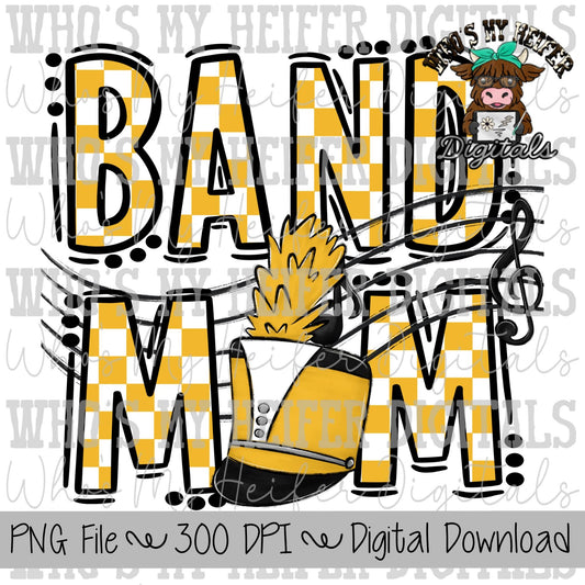 Yellow & White Band Mom PNG Hand Drawn Checkered Band Mama Sublimation Design Band Game Day Shirt Design Marching Band Mom Digital Download