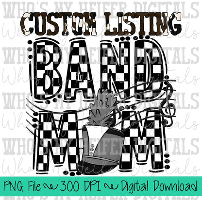 Custom Band Mom PNG Hand Drawn Checkered Band Mama Sublimation Design Band Game Day Shirt Design Marching Band Mom Digital Download