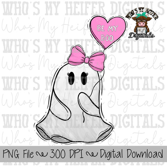 Cute Ghost with Bow Sublimation PNG Hand Drawn Halloween Ghost with Pink Bow PNG Girl Halloween Shirt Design Coquette Bow PNG Be My Boo
