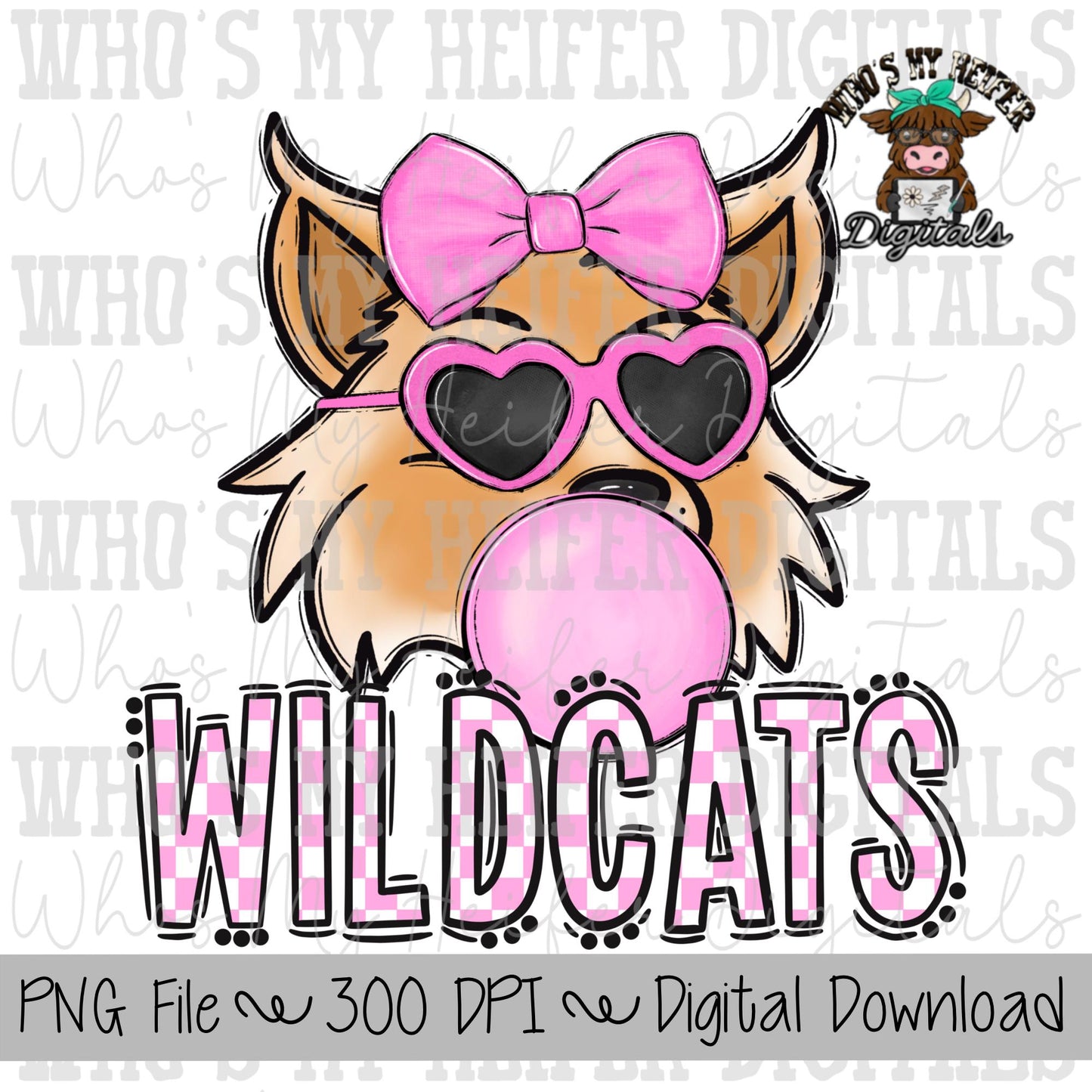 Bubble Gum Wildcat PNG Hand Drawn Wildcat with Bow Sublimation PNG Game Day Shirt Designs School Spirit PNG Checkered Wildcats Doodle Art