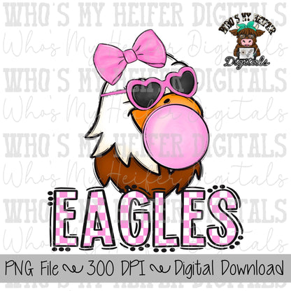 Bubble Gum Eagles PNG Hand Drawn Eagle with Bow Sublimation PNG Game Day Shirt Design School Spirit PNG Checkered Eagle Doodle Art