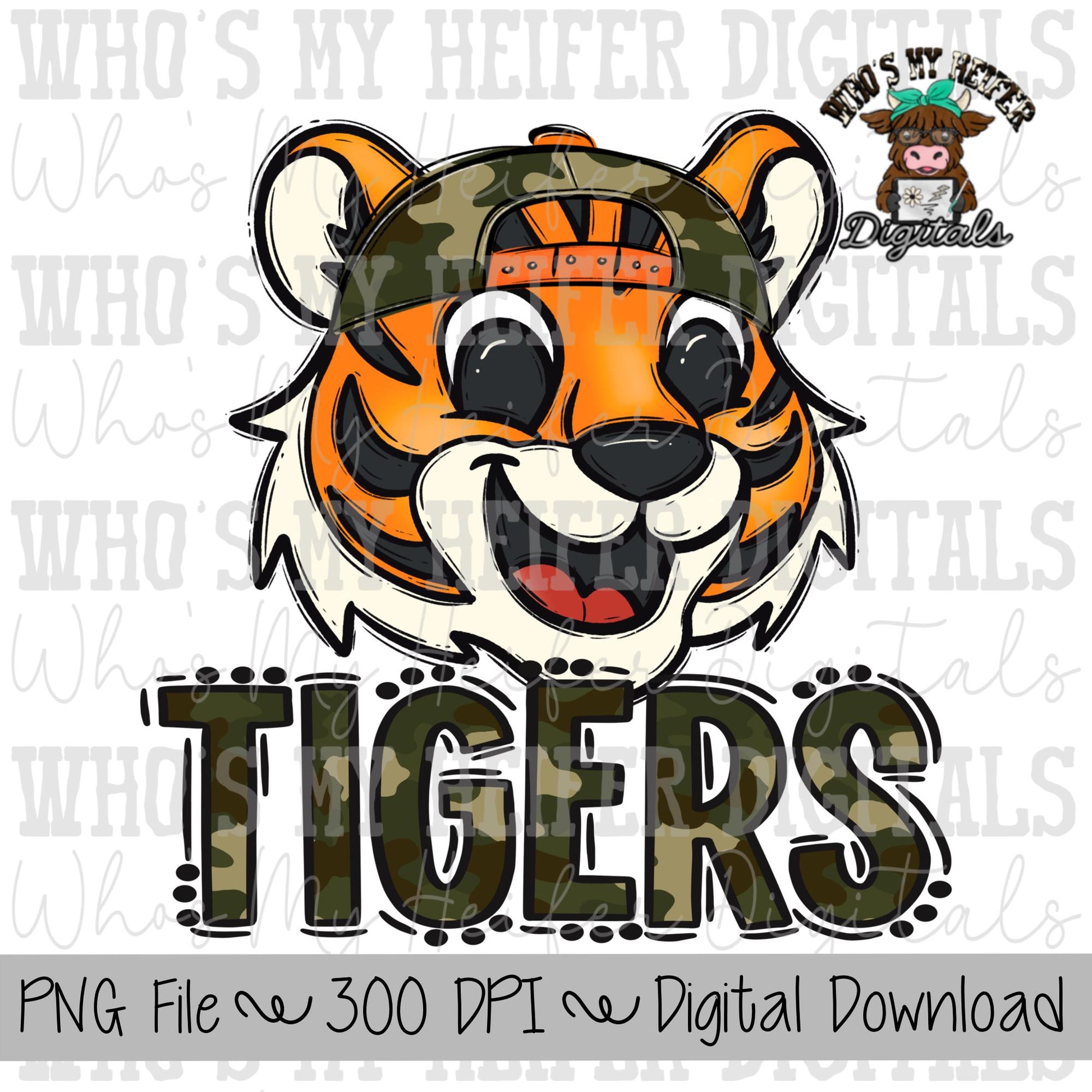 Camo Hat Tiger PNG Hand Drawn Tiger with Hat Sublimation PNG Game Day Shirt Designs School Spirit PNG Camouflage Tiger Digital Download