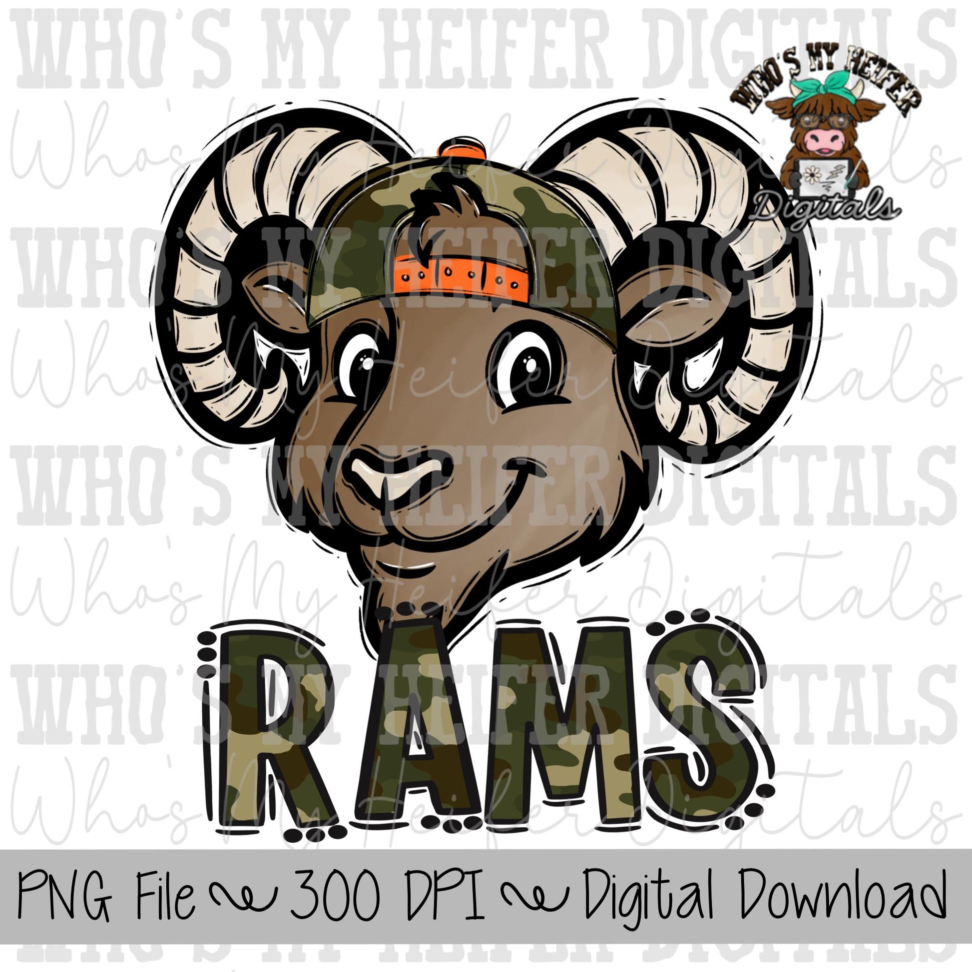Camo Hat Rams PNG Hand Drawn Ram with Hat Sublimation PNG Game Day Shirt Designs School Spirit PNG Camouflage Rams Doodle Art