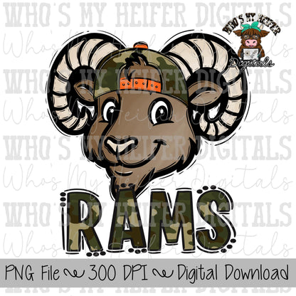 Camo Hat Rams PNG Hand Drawn Ram with Hat Sublimation PNG Game Day Shirt Designs School Spirit PNG Camouflage Rams Doodle Art
