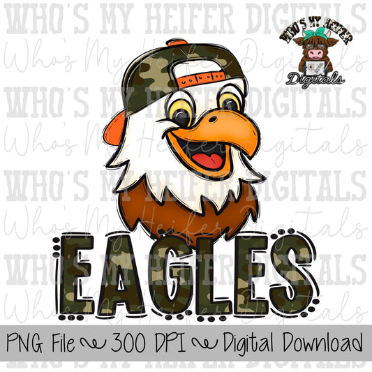 Camo Hat Eagles PNG Hand Drawn Eagle with Hat Sublimation PNG Game Day Shirt Design School Spirit PNG Camouflage Eagle Doodle Art