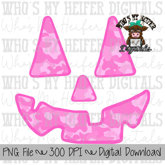 Halloween Camo Jack o Lantern Sublimation PNG Hand Drawn Camouflage Pumpkin Face PNG File Girl Hunting Shirt Design Deer Turkey Pink Camo