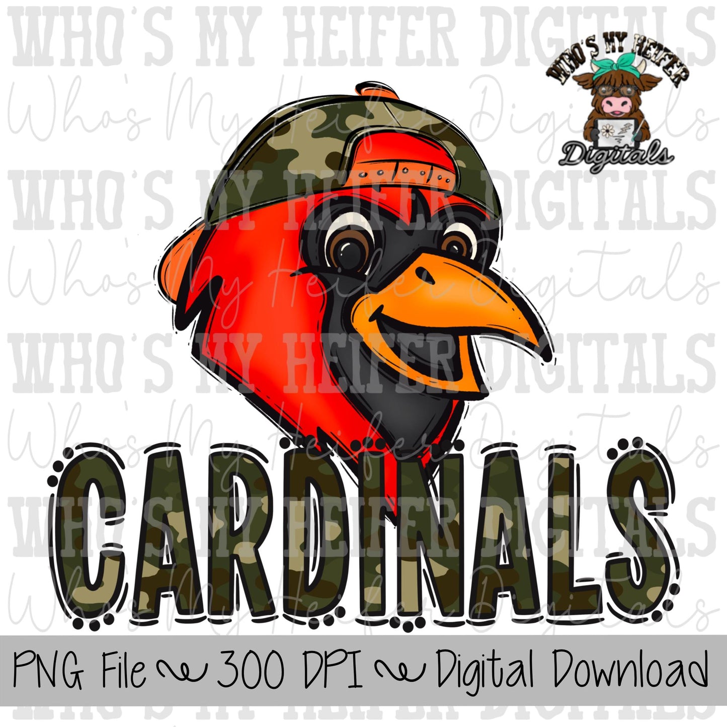 Camo Hat Cardinal PNG Hand Drawn Cardinal with Hat Sublimation PNG Game Day Shirt Designs School Spirit PNG Camouflage Cardinal Doodle Art